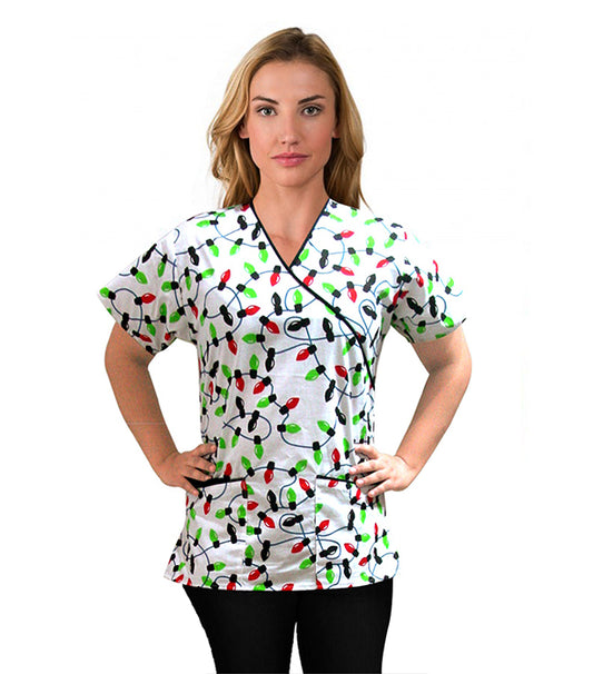 Poplin Women Light Print Scrub Top mock wrap 3 pocket half sleeve with black piping