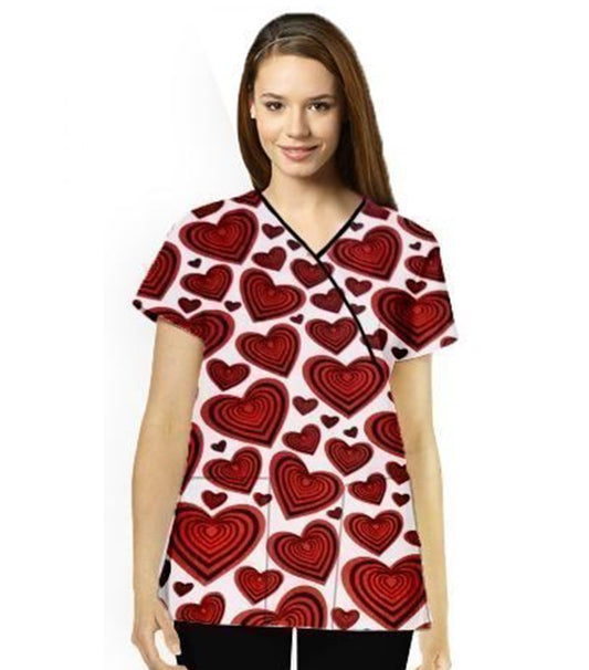 Poplin Women Red hearts Print Scrub Top mock wrap 3 pocket half sleeve with black piping