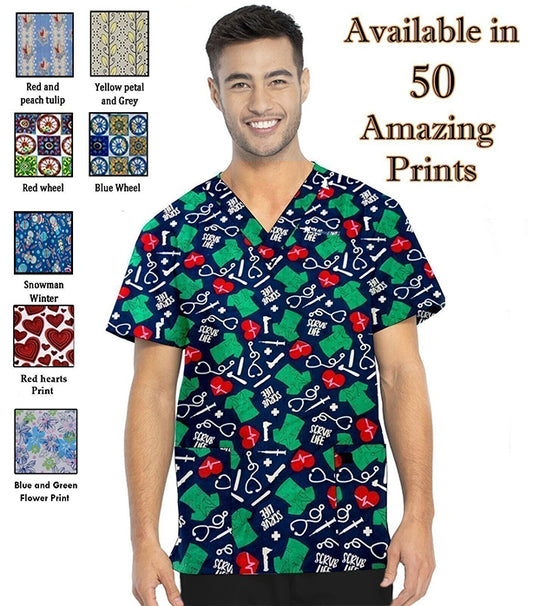 Printed Scrub Top v neck 2 pocket half Sleeve Unisex