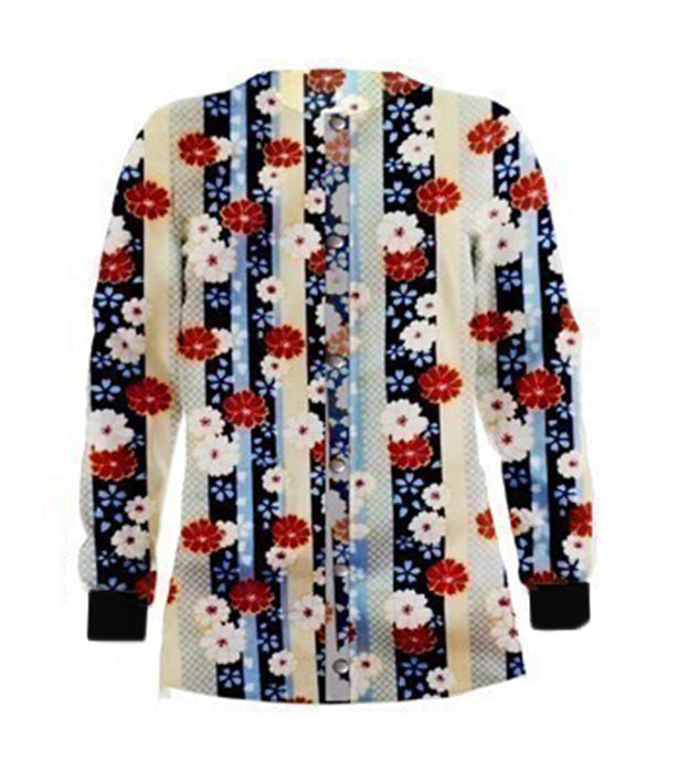 Poplin Unisex Scrub Jacket with Red and Beige flowers with blue background print - 2 Pockets, Full Sleeves with Rib