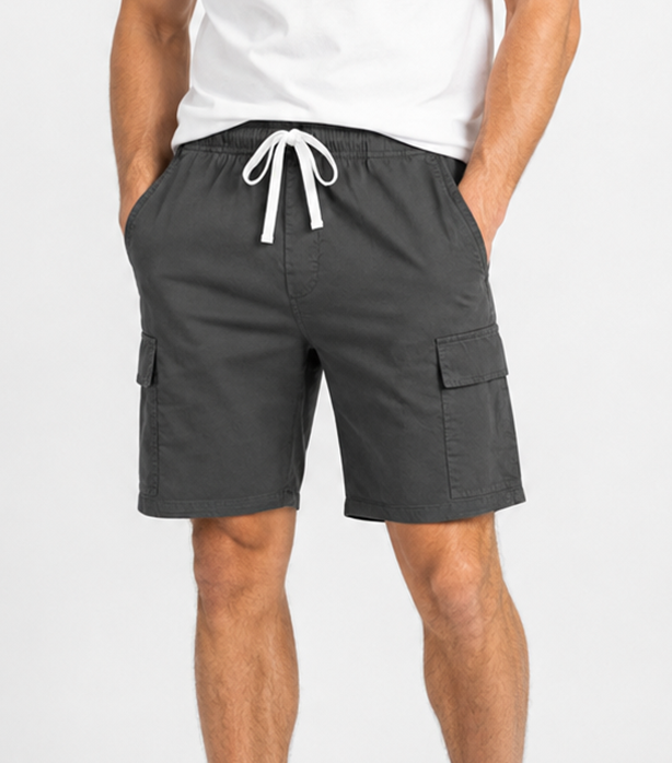 Microfiber Stretch fabric cargo shorts full elastic waistband 2 side pocket 2 cargo pocket with flap 1 back patch pocket elasticated twill drawstring (inseam is 5 inches)