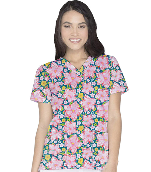 Poplin Women Pink & Yellow Blossom Print Scrub Top V Neck - 2 Pockets, Half Sleeves