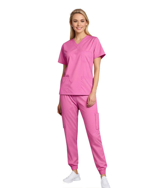 Stretch Women's Jogger Scrub Set - 9 Pockets, Half Sleeves (3-Pocket Top & 6-Pocket Jogger Pant 2 Side 2 Back 2 Cargo Pockets)