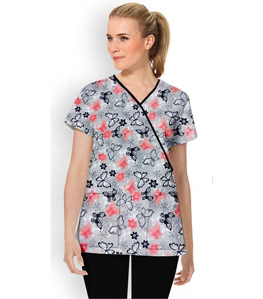 Butterfly Print Scrub Set Mock Wrap With Black Piping 5 Pocket Half Sleeves (Top 3 Pockets With Bottom 2 Pockets Boot cut)