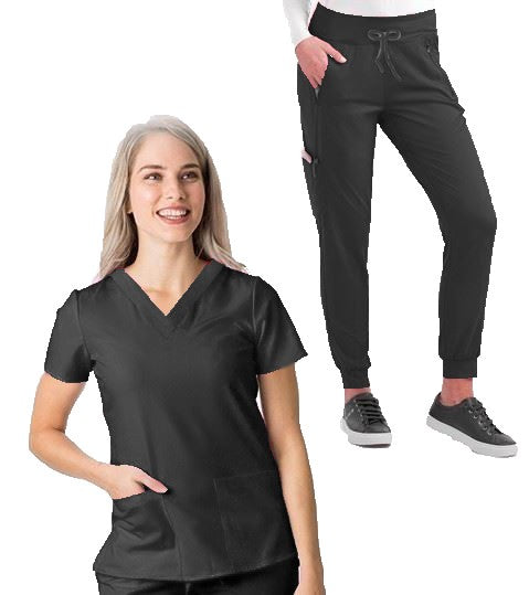 Microfiber Stretch Ladies Jogger Scrub Set 9 Pockets Half Sleeves, Top 3 Pockets (1 Chest Pocket and 2 Lower Pockets) and Jogger Pant 6 Pockets ( 2 Back 2 Side 2 Cargo pockets)