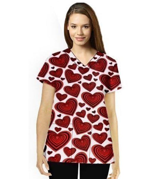 Red Hearts Print Scrub Top V Neck 2 Pocket Half Sleeve in Poplin Fabric 35% Cotton 65% Polyester