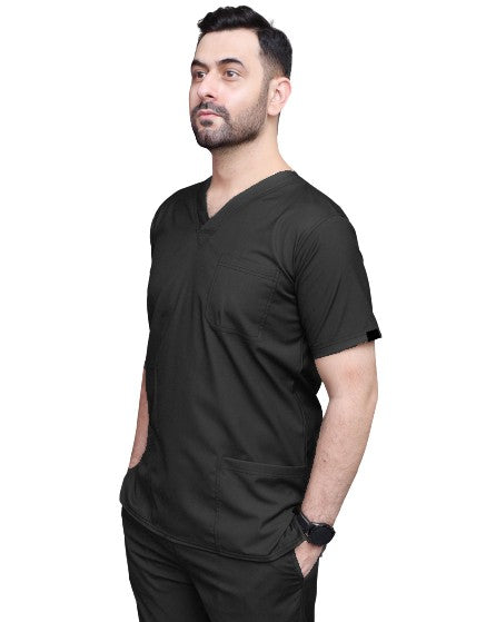 Microfiber Stretch Double Stitch Scrub Set 6 Pockets Solid Unisex Half Sleeves (3 Pockets Top, 3 Pockets Pant