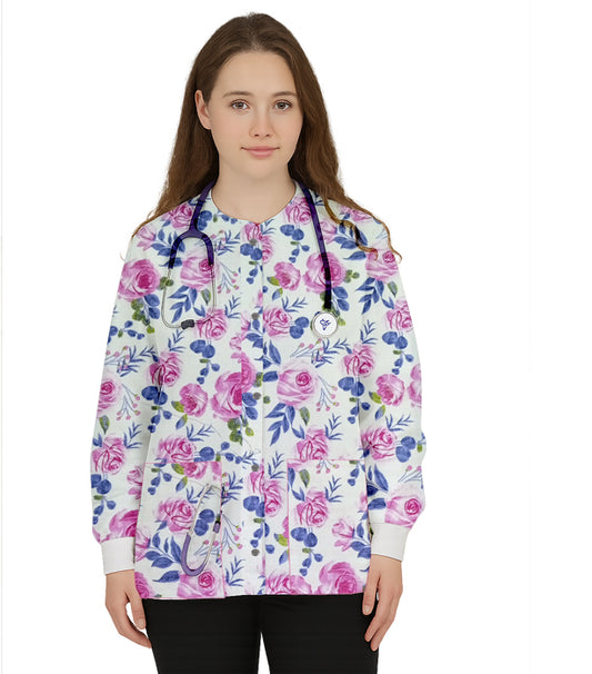 Poplin Unisex Scrub Jacket with Blue leaves and pink flower print- 2 Pockets, Full Sleeves with Rib