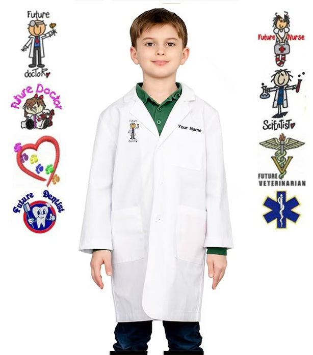 FREE DIGITAL PRINTED LOGO AND KIDS NAME LABCOAT with 3 pocket full sleeve in poplin fabric with Plastic Buttons