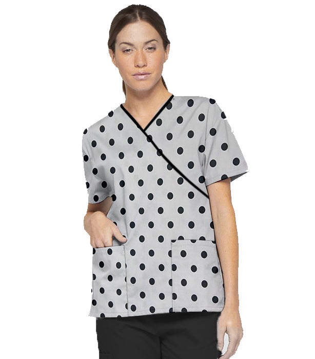 Polka Dots Print Scrub Set Mock Wrap With Black Piping 5 Pocket Half Sleeves (Top 3 Pockets With Bottom 2 Pockets Boot cut)