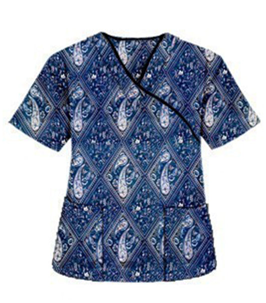 Poplin Women Blue with Pink Classical Print Scrub Top mock wrap 3 pocket half sleeve with black piping