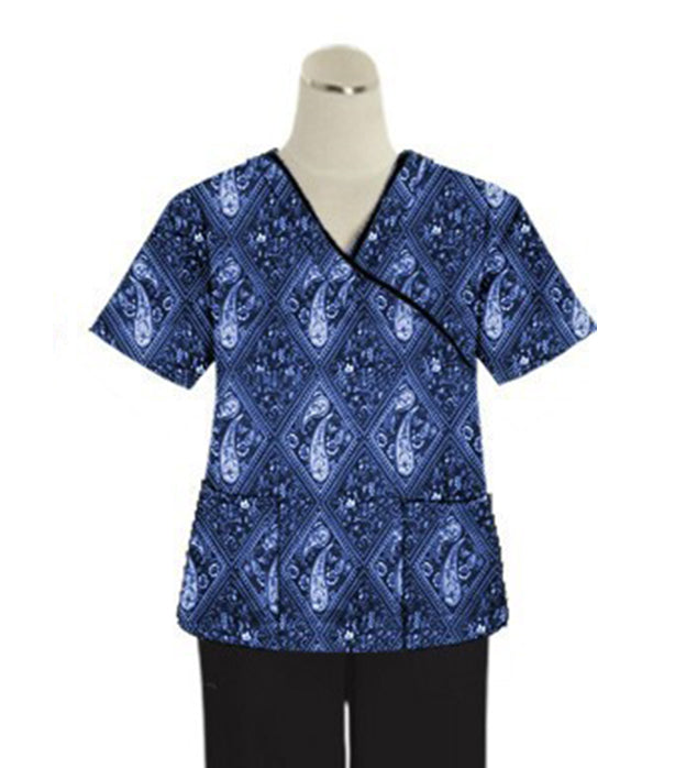 Blue with Blue Classical Print Scrub Set Mock Wrap With Black Piping 5 Pocket Half Sleeves (Top 3 Pockets With Bottom 2 Pockets Boot cut)