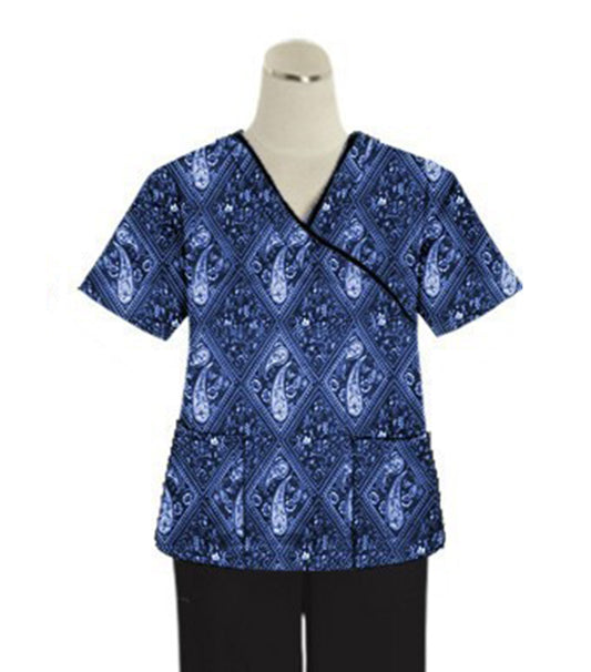 Blue with Blue Classical Print Scrub Set Mock Wrap With Black Piping 5 Pocket Half Sleeves (Top 3 Pockets With Bottom 2 Pockets Boot cut)