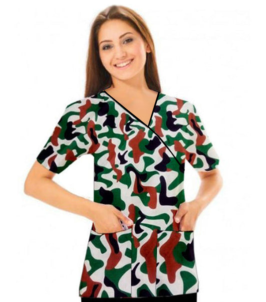 Poplin Women Camouflage Print Scrub Top mock wrap 3 pocket half sleeve with black piping