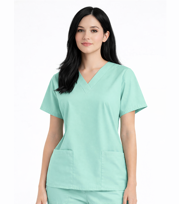 Poplin Women's V-Neck Scrub Top - 2 Pockets with Pencil Pocket, Half Sleeve