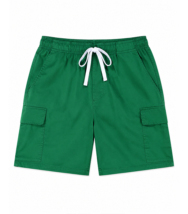 Poplin fabric cargo shorts full elastic waistband 2 side pocket 2 cargo pocket with flap 1 back patch pocket elasticated twill drawstring (white) (inseam is 5 inches)