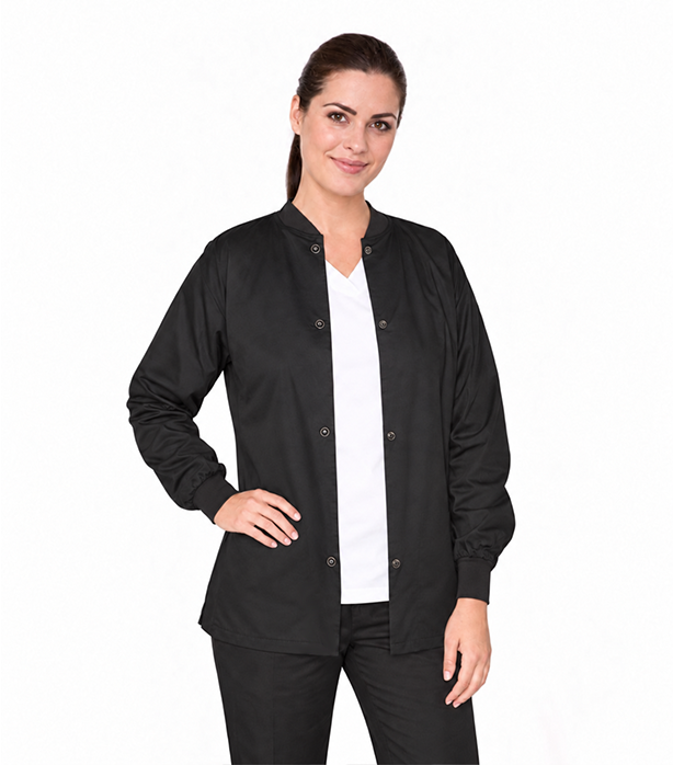 Stretch Unisex Scrub Jacket Without Pocket Solid Full Sleeve with Rib at Neck and Sleeves with Snap Button