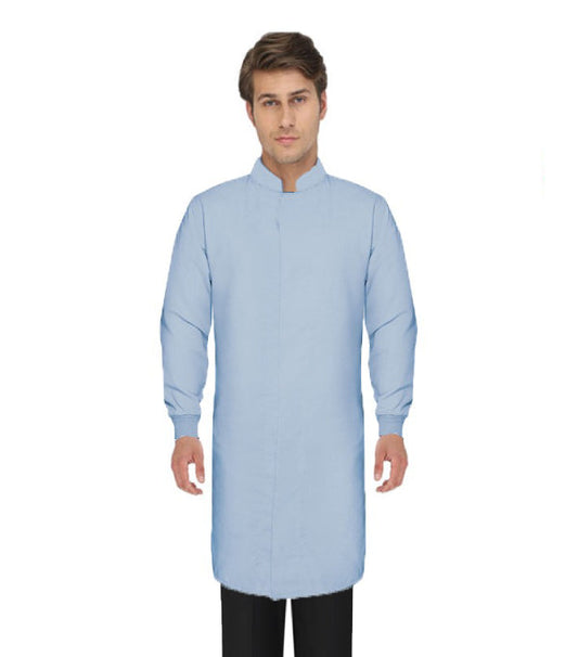 Poplin Unisex Lab Coat Full Sleeve Lab Coat, no pocket, stand up collar with covered snap button and Knit Cuff