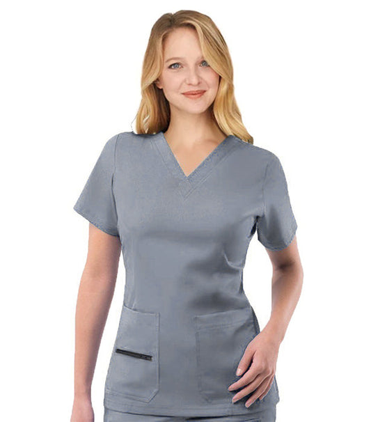 Poplin Women's Scrub Top V Neck with 2 Patch Pockets and 1 Zipped Pocket