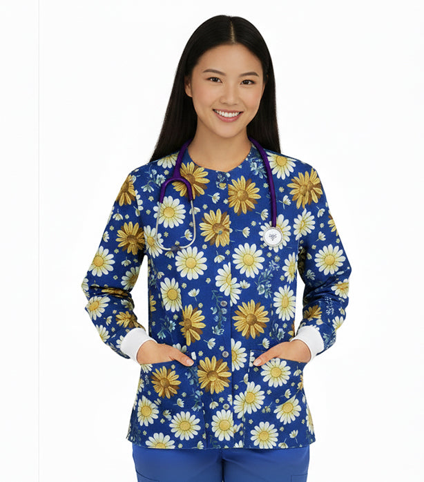 Poplin Unisex Scrub Jacket with SunFlower Print- 2 Pockets, Full Sleeves with Rib