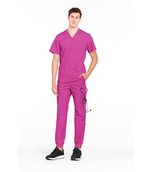 Stretchable Unisex Jogger Scrub Set 9 Pockets Half Sleeves, Top 3 Pockets (1 Chest Pocket and 2 Lower Pockets) and Jogger Pant 6 Pockets (2 Side Pockets, 2 Back Pockets, 2 Cargo Pockets) with Half Elastic Waistband and Matching Drawstring Both