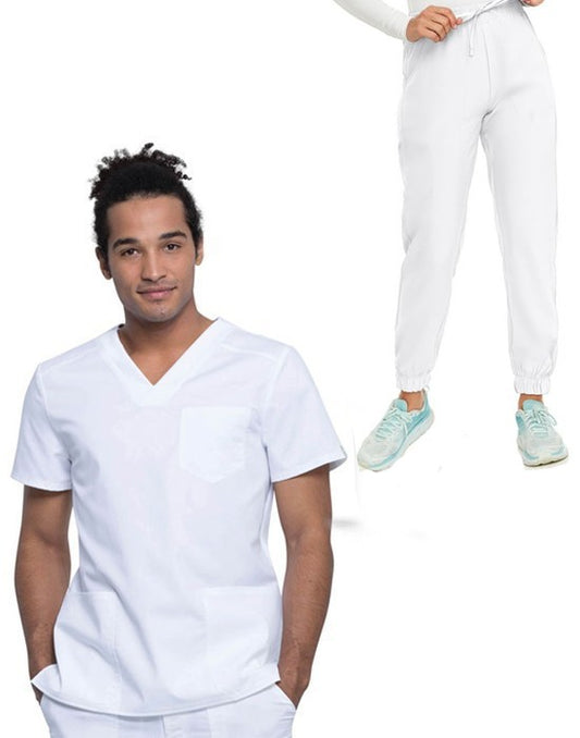 Microfiber Unisex Jogger Scrub Set 6 Pockets Half Sleeves, Top 3 Pockets (1 Chest Pocket and 2 Lower Pockets) and Jogger Pant 3 Pockets (2 Side Pockets, 1 Back Pocket) with Full Elastic Waistband and Drawstring (Twill White)