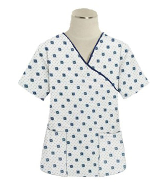 Poplin Women Green Square Print Scrub Top mock wrap 3 pocket half sleeve with black piping