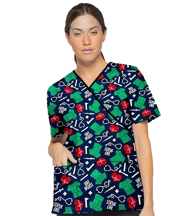 Poplin Women Scrub Life Print Scrub Top mock wrap 3 pocket half sleeve with black piping
