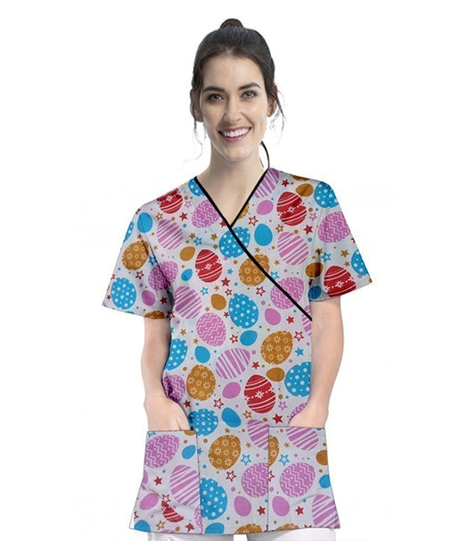 Poplin Women Celebration print Scrub Top mock wrap 3 pocket half sleeve with black piping