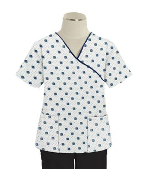 Green Square Print Scrub Set Mock Wrap With Black Piping 5 Pocket Half Sleeves (Top 3 Pockets With Bottom 2 Pockets Boot cut)