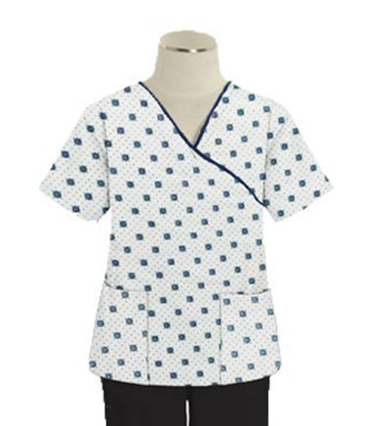 Green Square Print Scrub Set Mock Wrap With Black Piping 5 Pocket Half Sleeves (Top 3 Pockets With Bottom 2 Pockets Boot cut)