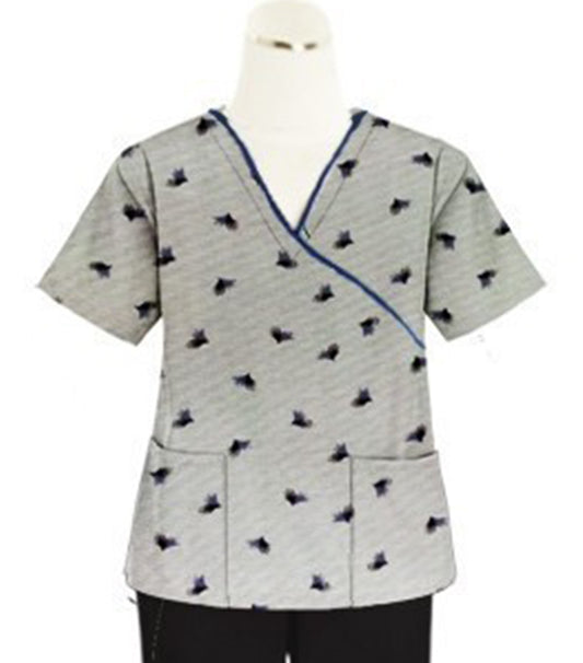 Poplin Women Black Leaf Print Scrub Top mock wrap 3 pocket half sleeve with black piping