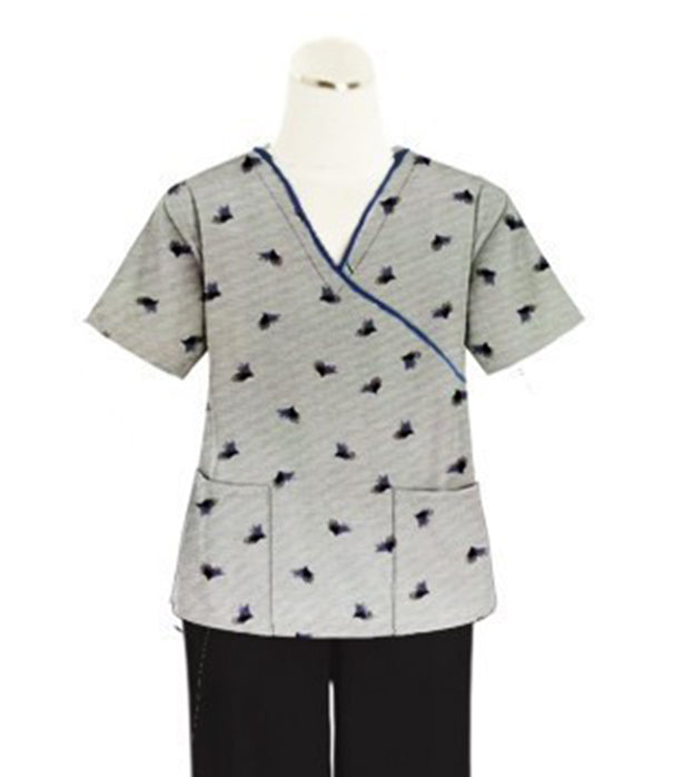 Black Leaf Print Scrub Set Mock Wrap With Black Piping 5 Pocket Half Sleeves (Top 3 Pockets With Bottom 2 Pockets Boot cut)
