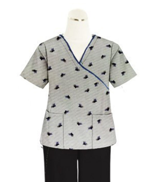 Black Leaf Print Scrub Set Mock Wrap With Black Piping 5 Pocket Half Sleeves (Top 3 Pockets With Bottom 2 Pockets Boot cut)
