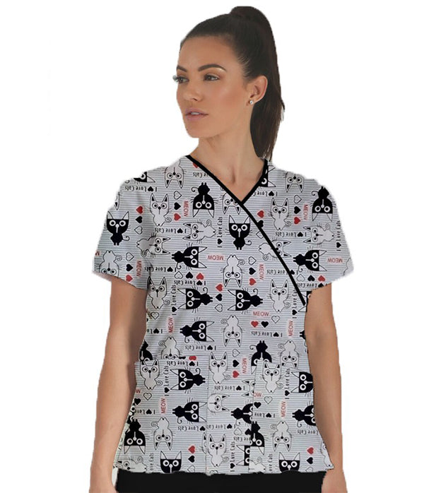 Poplin Women Cat Print Scrub Top mock wrap 3 pocket half sleeve with black piping