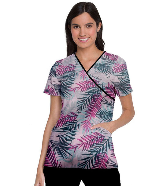 Pink Leaves Print Scrub Set Mock Wrap With Black Piping 5 Pocket Half Sleeves (Top 3 Pockets With Bottom 2 Pockets Boot cut)