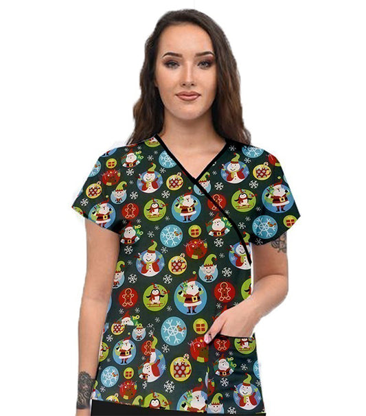 Interlock Stretch Women Santa and Penguin Print Scrub Top mock wrap 3 pocket half sleeve with black piping