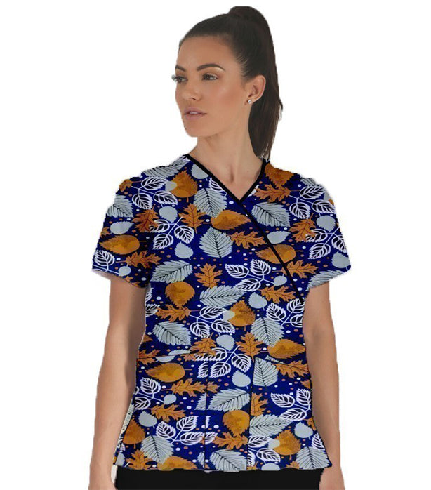 Poplin Women Summer Mint Leave Print Scrub Top mock wrap 3 pocket half sleeve with black piping