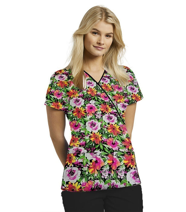 Poplin Women Pink Rose Print Scrub Top mock wrap 3 pocket half sleeve with black piping