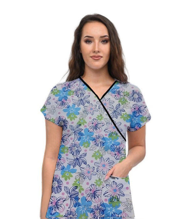 Poplin Women Blue and Green Flower Print Scrub Top mock wrap 3 pocket half sleeve with black piping