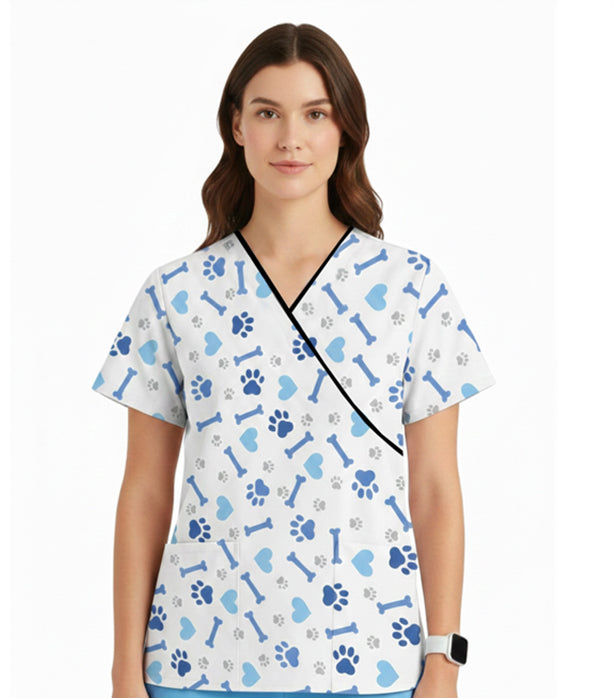 Poplin Women Bone and Paw Print Scrub Top mock wrap 3 pocket half sleeve with black piping