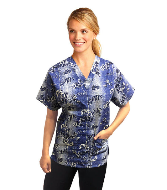 Poplin Women Scrub Top in Blue and White Flower Print V Neck - 2 Pockets, Half Sleeves