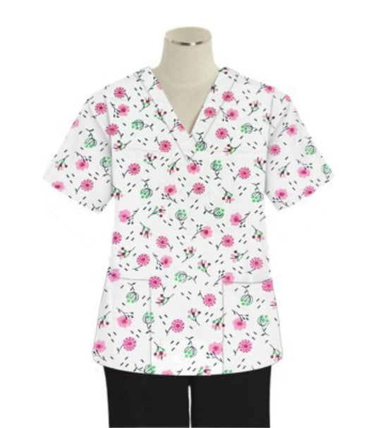 Poplin Women Cherry Blossom Print Scrub Top V Neck - 2 Pockets, Half Sleeves