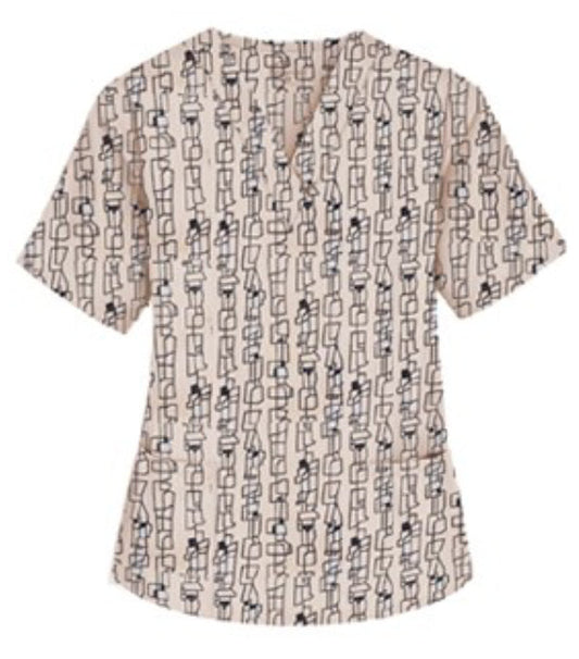 Poplin Women Top in Geometric Print V Neck - 2 Pockets, Half Sleeves