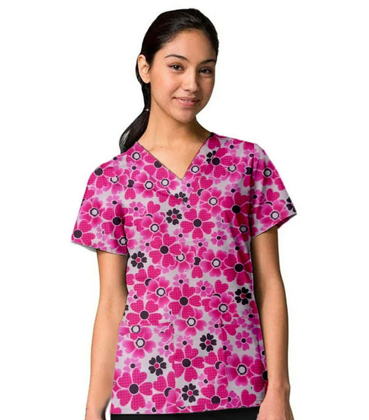 Pink Flowers Print Scrub Top V Neck 2 Pocket Half Sleeve in Poplin Fabric 35% Cotton 65% Polyester
