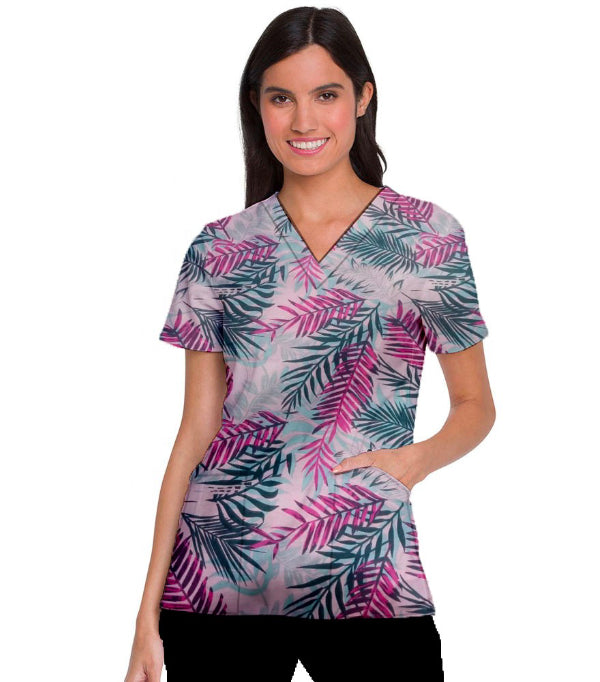 Pink Leaves Print Scrub Top V Neck Pocket Half Sleeve in Poplin