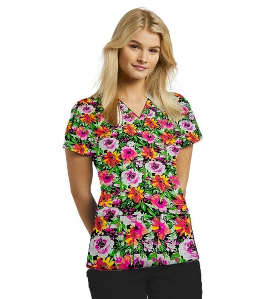 Poplin Women Scrub Top in Pink Rose Print V Neck - 2 Pockets, Half Sleeves