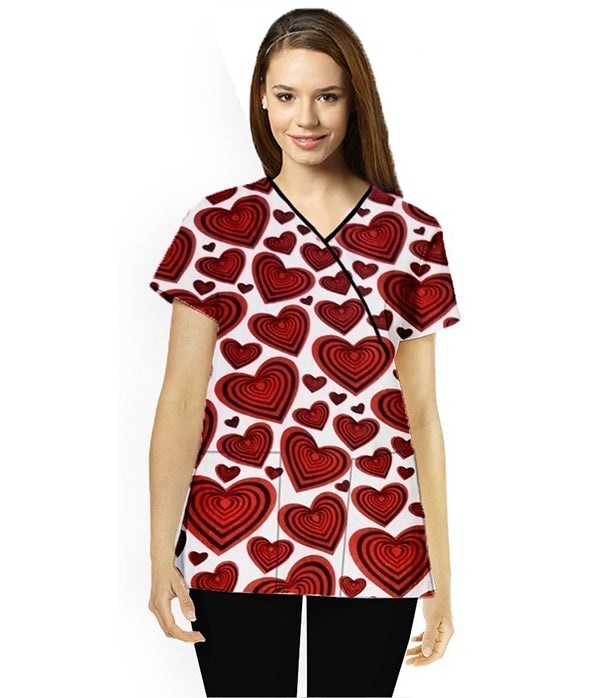 Red Hearts Print Scrub Set Mock Wrap With Black Piping 5 Pocket Half Sleeves (Top 3 Pockets With Bottom 2 Pockets Boot cut)