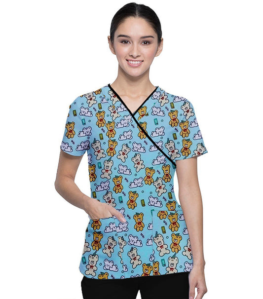 Interlock Stretch Baby Snuggle Buddies Print Scrub Set Mock Wrap With Black Piping 5 Pocket Half Sleeves (Top 3 Pockets With Bottom 2 Pockets Boot cut) (100% Polyester)