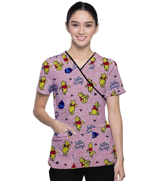 Interlock Stretch Pooh Print Scrub Set Mock Wrap With Black Piping 5 Pocket Half Sleeves (Top 3 Pockets With Bottom 2 Pockets Boot cut) (100% Polyester)